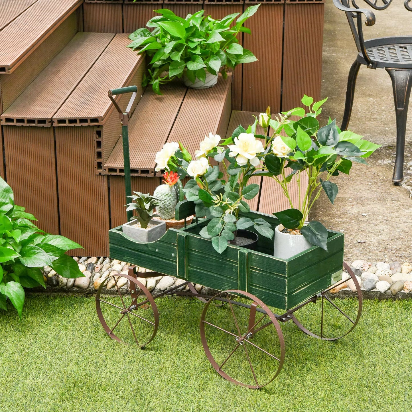 Patiojoy Wooden Garden Flower Planter Wagon Plant Bed W/ Wheel Garden Yard Green