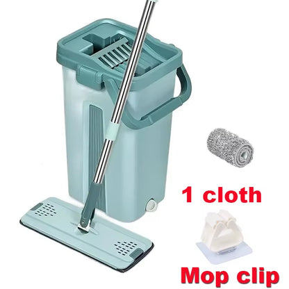 Flat Squeeze Mop with Bucket Hand Free Wringing Floor Cleaning Mop Microfiber Mop Pads Wet or Dry Usage on Hardwood Laminate