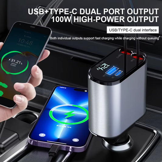 120W Car Fast Charger 4 in 1 Retractable USB Type C Cable for Iphone Xiaomi Samsung Quick Charge Cord Cigarette Lighter Adapter