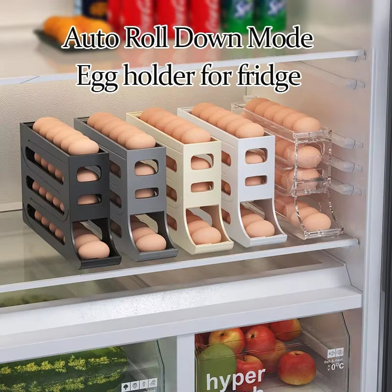 Kitchen Refrigerator Egg Storage Box 4 Tier Automatic Rolling Egg Holder Dispenser Large Capacity Egg Dispenser Fridge Organizer