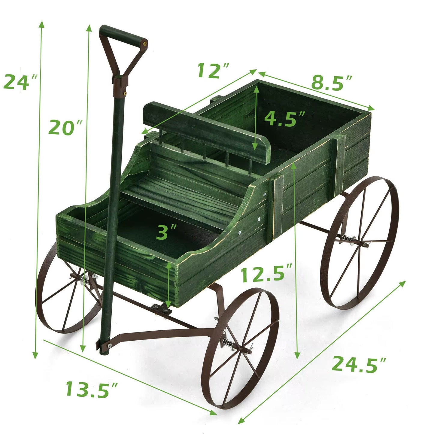 Patiojoy Wooden Garden Flower Planter Wagon Plant Bed W/ Wheel Garden Yard Green