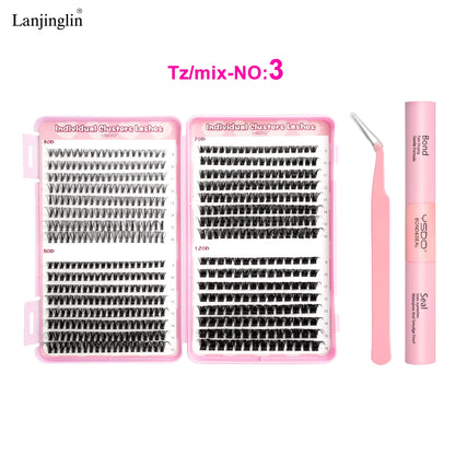 New Individual Lashes Set Natural Long DIY Cluster Lashes Kit with Glue and Tweezer Extensions Eyelashes Make up Tools Faux Cils