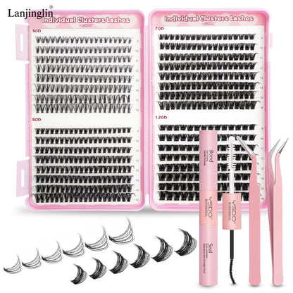 New Individual Lashes Set Natural Long DIY Cluster Lashes Kit with Glue and Tweezer Extensions Eyelashes Make up Tools Faux Cils