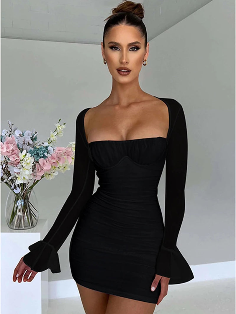 Elegant Backless Sexy Mini Dress for Women Robe Two Layer Mesh Full Sleeve Zipper Bodycon Party Short Dress Vestido