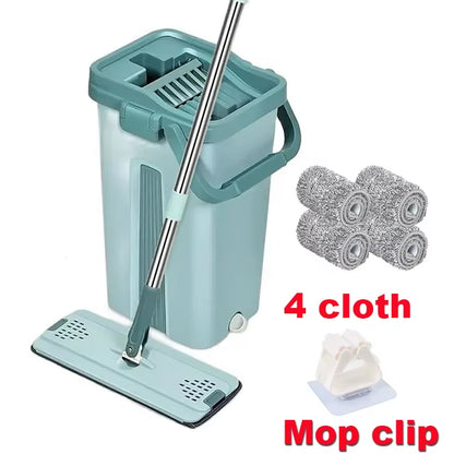 Flat Squeeze Mop with Bucket Hand Free Wringing Floor Cleaning Mop Microfiber Mop Pads Wet or Dry Usage on Hardwood Laminate