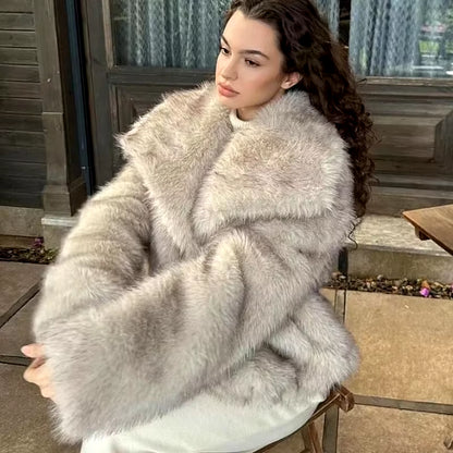 2024 Winter New Fashion Gradient Fluffy Fur Coat Women High Street Luxury Big Fur Collar Faux Fox Fur Jacket Female Overcoats