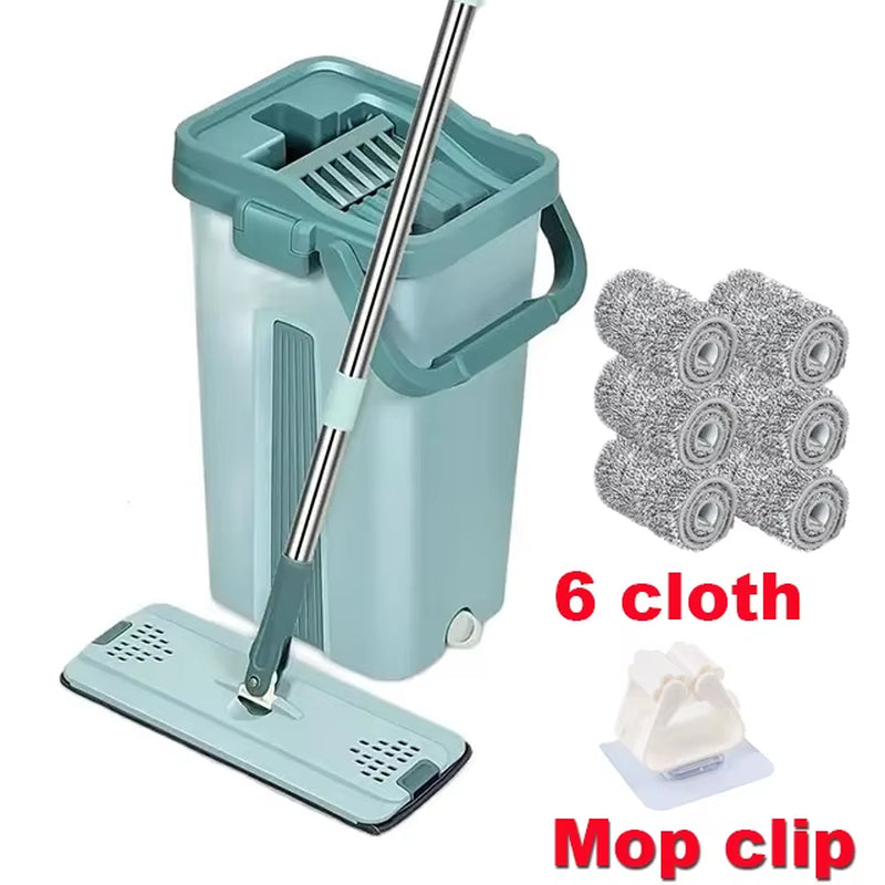 Flat Squeeze Mop with Bucket Hand Free Wringing Floor Cleaning Mop Microfiber Mop Pads Wet or Dry Usage on Hardwood Laminate