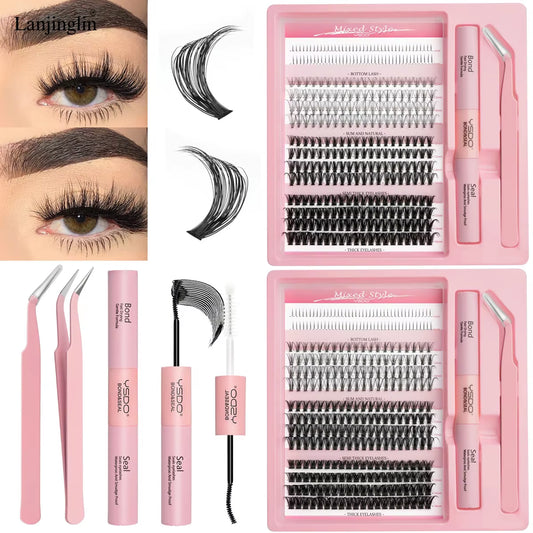 New Individual Lashes Set Natural Long DIY Cluster Lashes Kit with Glue and Tweezer Extensions Eyelashes Make up Tools Faux Cils