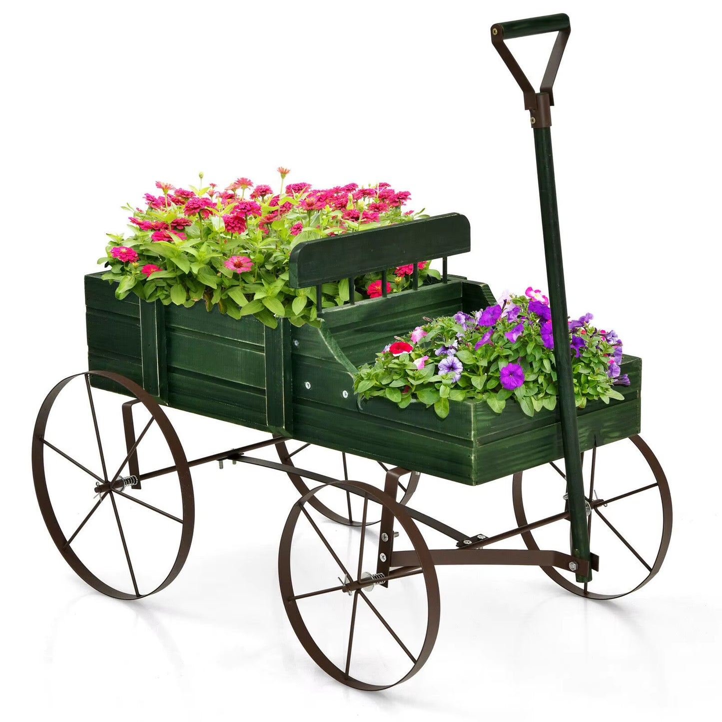 Patiojoy Wooden Garden Flower Planter Wagon Plant Bed W/ Wheel Garden Yard Green