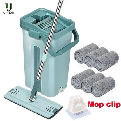 Flat Squeeze Mop with Bucket Hand Free Wringing Floor Cleaning Mop Microfiber Mop Pads Wet or Dry Usage on Hardwood Laminate